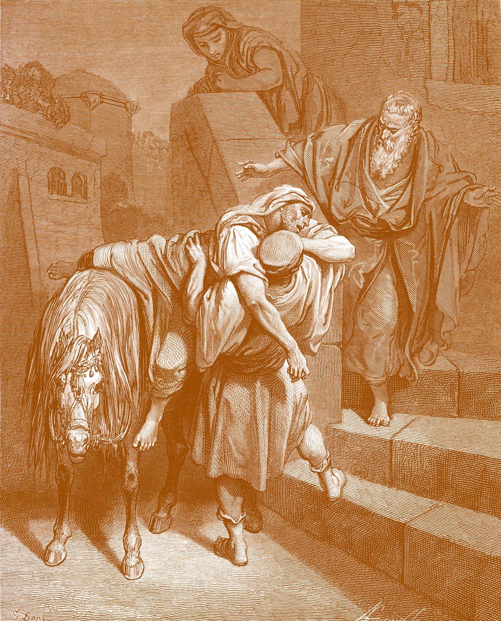 Den barmhärtige samariten på värdshuset, av Doré. - Bibeln av Gustave Dore