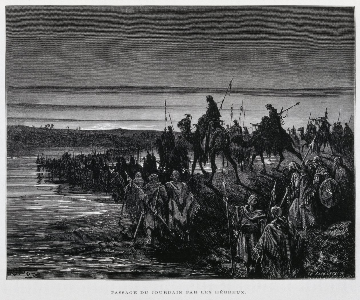De hebreiska stammarna går in i Kanaan över Jordanfloden, illustration från Dore-bibeln av Gustave Dore