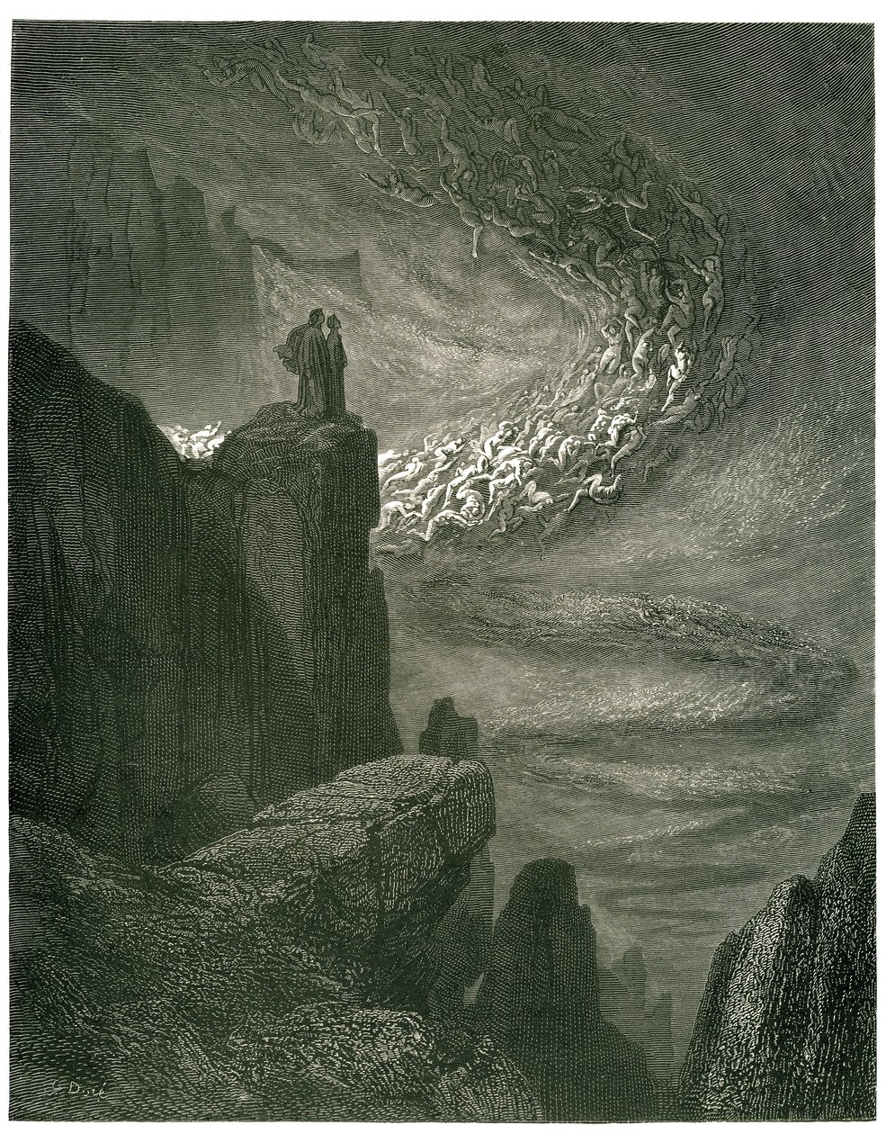 Dante Alighieris helvete (den gudomliga komedin) illustrerad av Gustave Dore. Fransk upplaga av 1861. ”Den infernaliska stormen, som aldrig förblir/Lämnar andarna med sitt rån. (Den infernaliska orkanen, som aldrig stannar, drar andar in i sin virvelvind)" av Gustave Dore