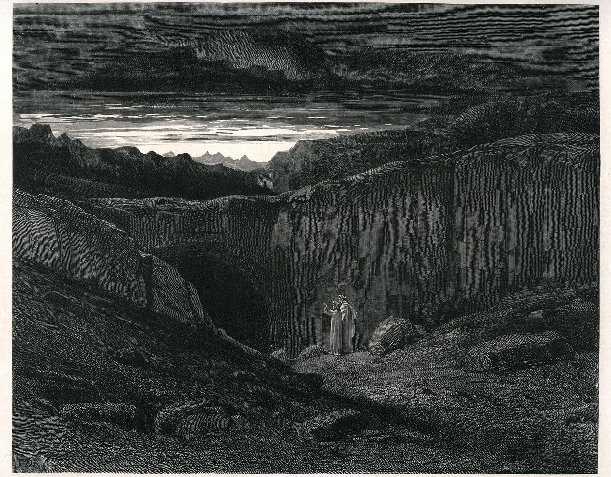 Dante Alighieris Helvetet (Den gudomliga komedin) illustrerad av Gustave Dore. Fransk utgåva från 1861. Dante och Vergilius vid ingången till helvetet: "Lasciate ogni speranza, voi che 