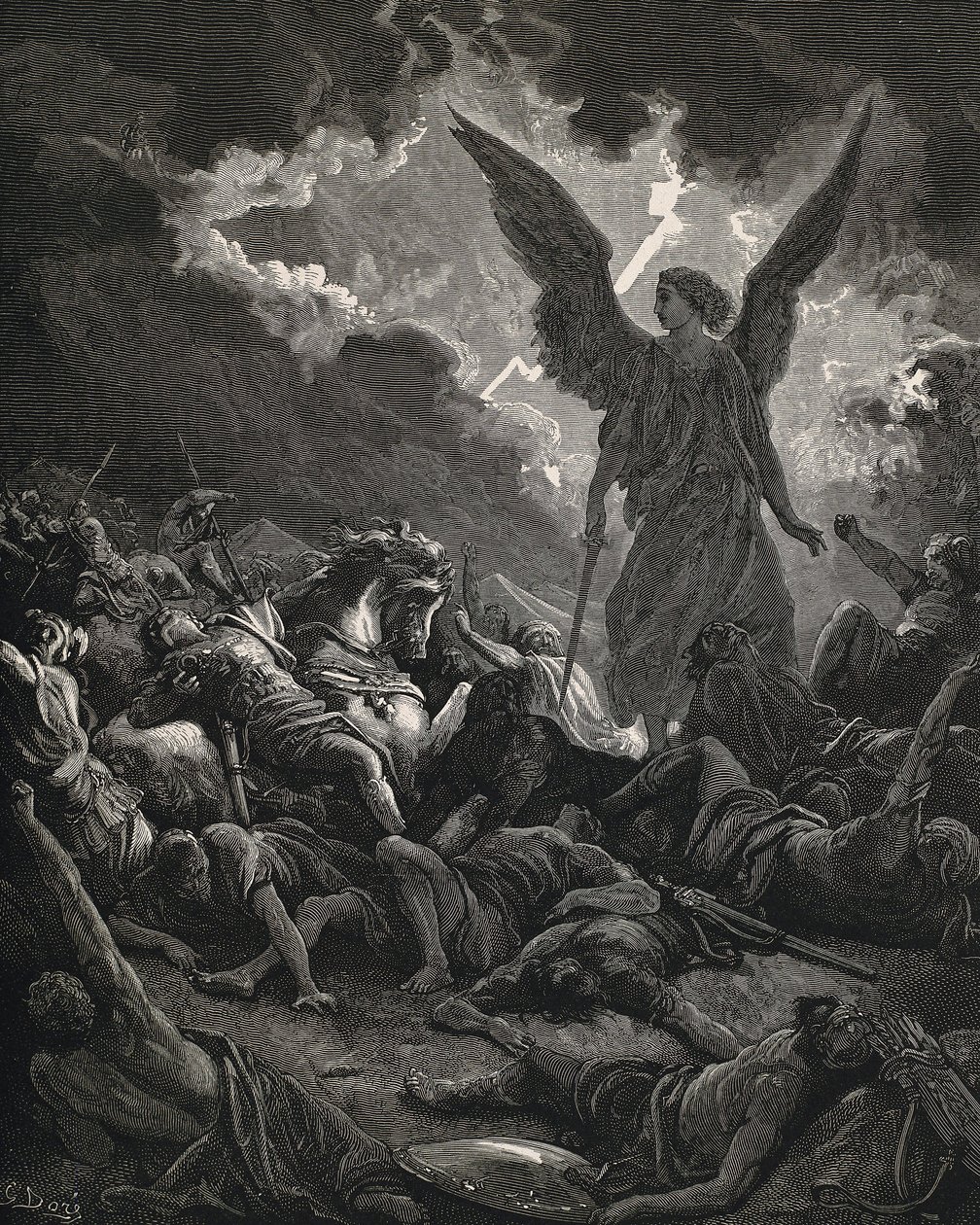 Den heliga Bibeln. 1866. SENNACHERIB (705-681 f.Kr.). Kung av Assyrien (705-681 f.Kr.). Herrens ängel av Sanheribs här. Gravyr av Gustave Dore