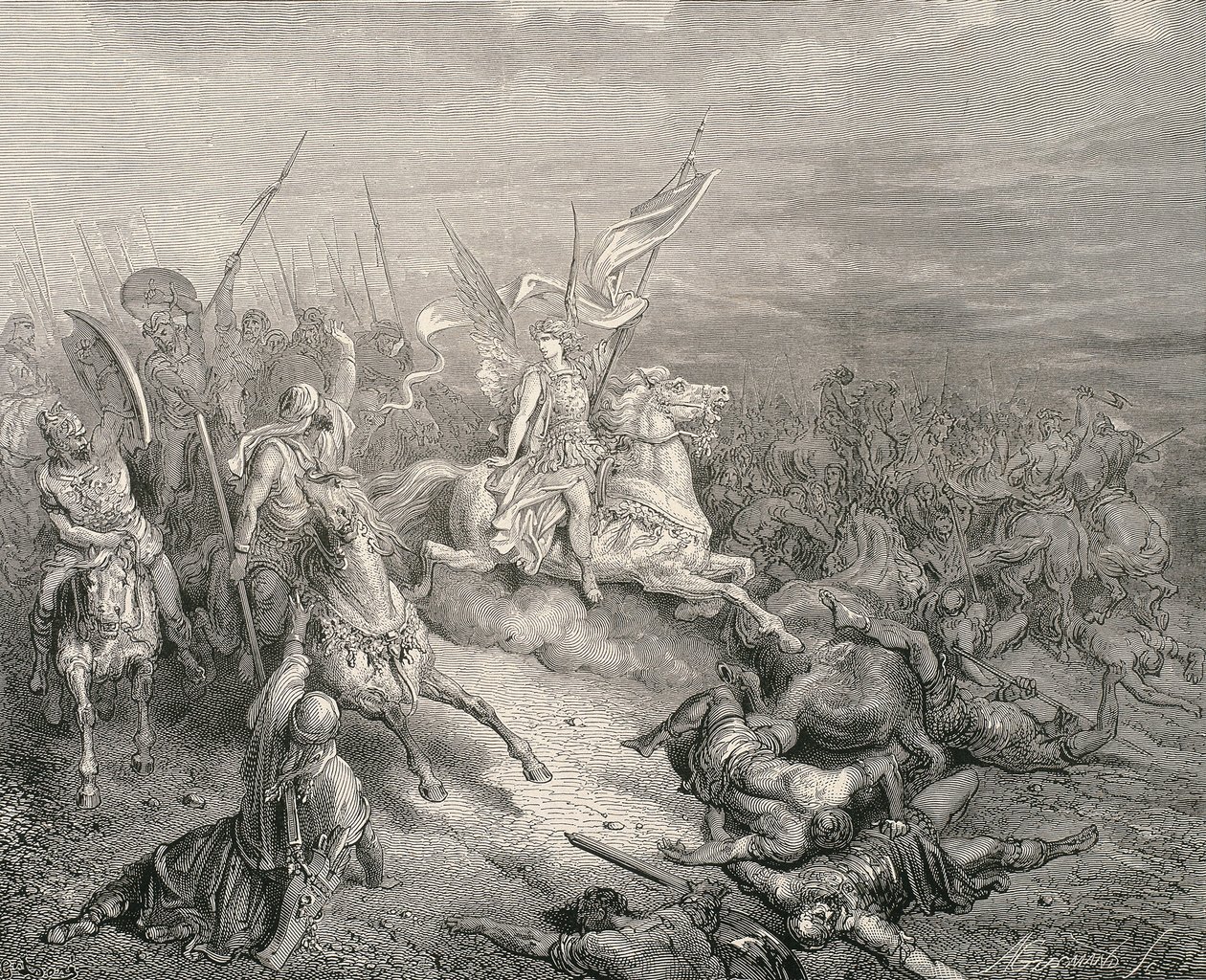 Den heliga Bibeln. 1866. Makkabeernas ängel. Gravyr av Gustave Dore
