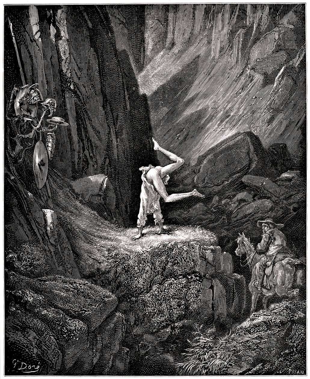 Den geniala Hidalgo Don Quijote de la Mancha (Quixotte - Quijote) av Miguel de Cervantes (1547-1616): riddaren har den sorgliga figuren gjort cabrioles "sätta naken vissa saker som Sancho, för att inte se dem, skyndar sig att vända sig om, nöjd med att av Gustave Dore