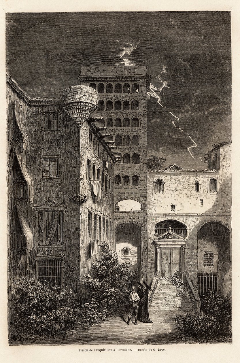Inkvisitionsfängelset i Barcelona, teckning av Gustave Dore (1832-1883), för att illustrera hans resa till Spanien, med C. Davillier, 1862. Gravyr i "" Le tour du monde ", redigerad av Edouard Charton av Gustave Dore
