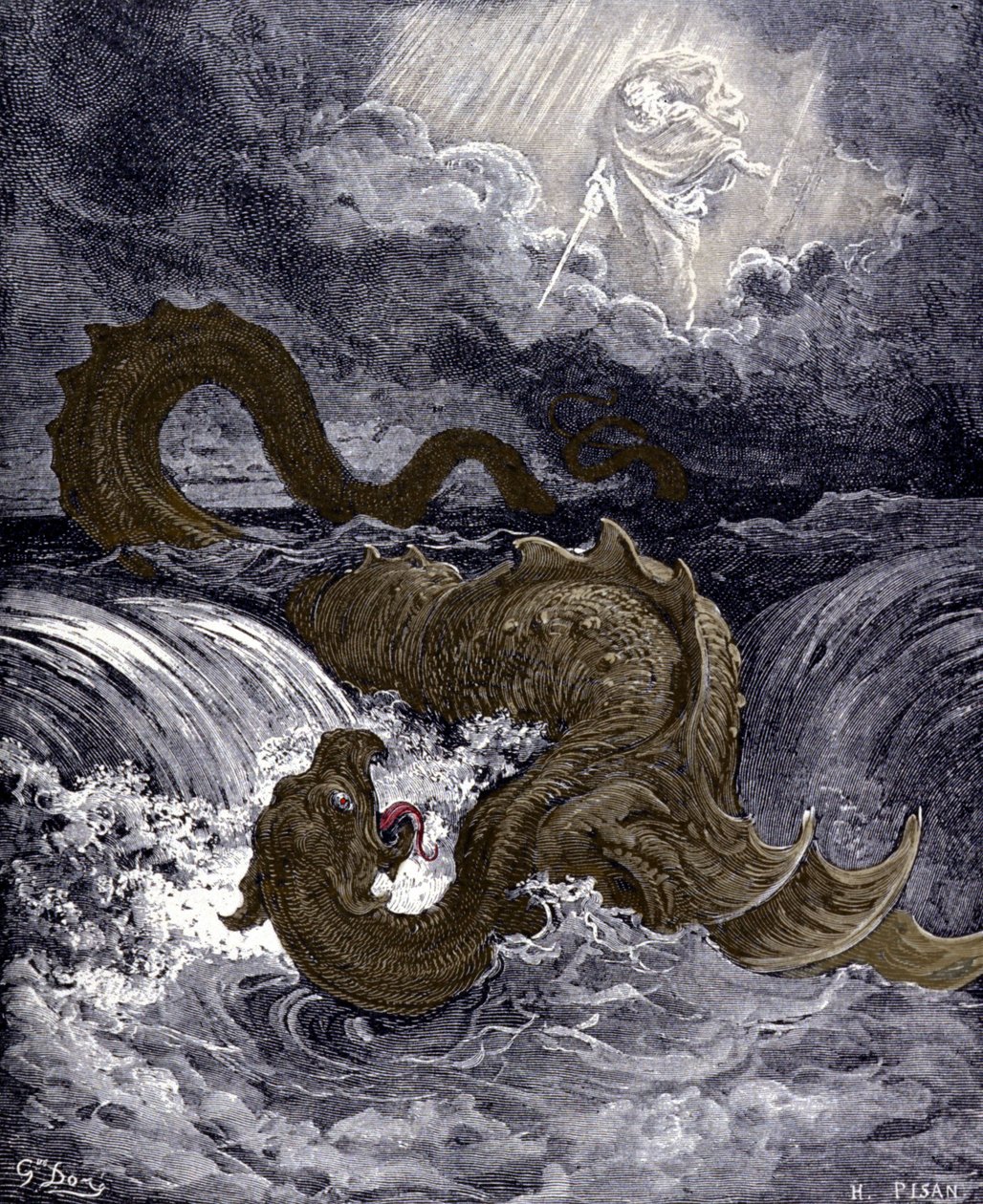 Leviatan, havsmonster som liknar den havsorm som hänvisas till i Bibeln. Illustrationer av Bibeln av Gustave Dore. Gravyr av 1800-talet. av Gustave Dore