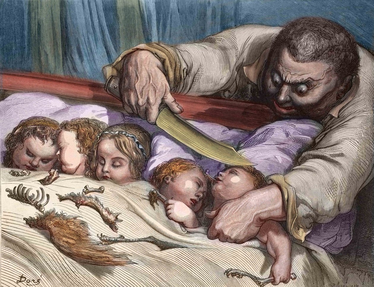 Den lilla tummen av Charles Perrault (fransk författare) Jätten skar sina döttrars halsar utan att tveka (gravyr) av Gustave Dore