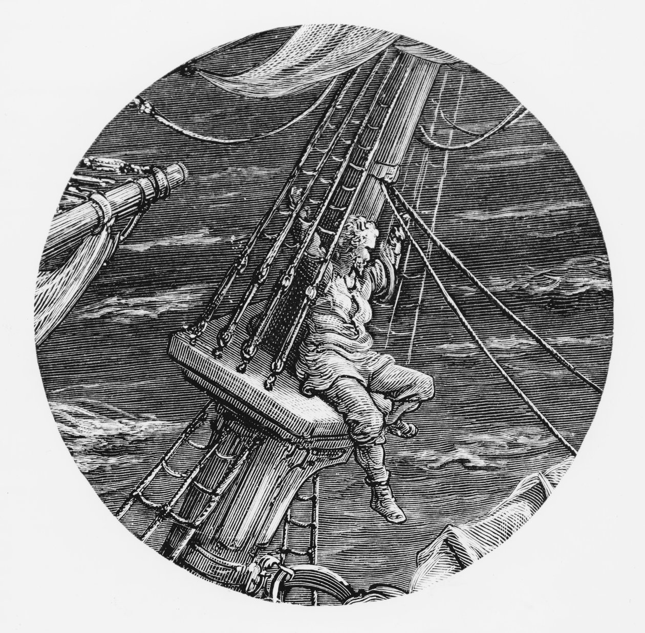The Mariner uppe i bajset på skeppet, scen från "The Rime of the Ancient Mariner" av S.T. Coleridge, publicerad av Harper und Brothers, New York, 1876 (trägravyr) av Gustave Dore