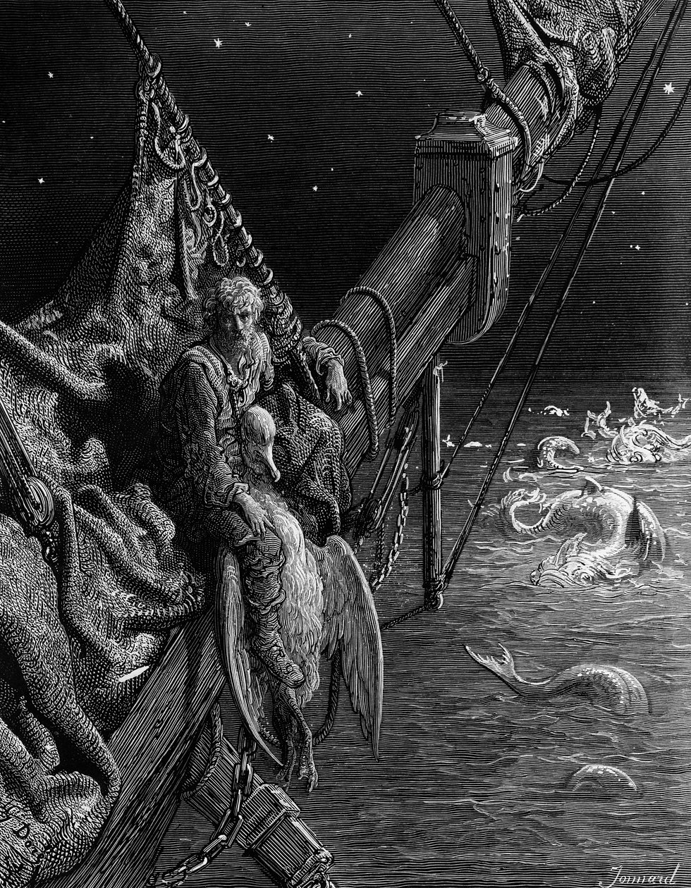 The Mariner stirrar på ormarna i havet, scen från "The Rime of the Ancient Mariner" av S.T. Coleridge, publicerad av Harper und Brothers, New York, 1876 (trägravyr) av Gustave Dore