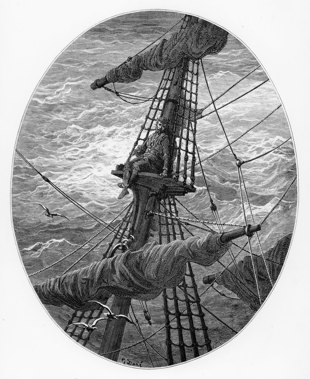 The Mariner upp i masten under en storm, scen från "The Rime of the Ancient Mariner" av S.T. Coleridge, publicerad av Harper und Brothers, New York, 1876 (trägravyr) av Gustave Dore
