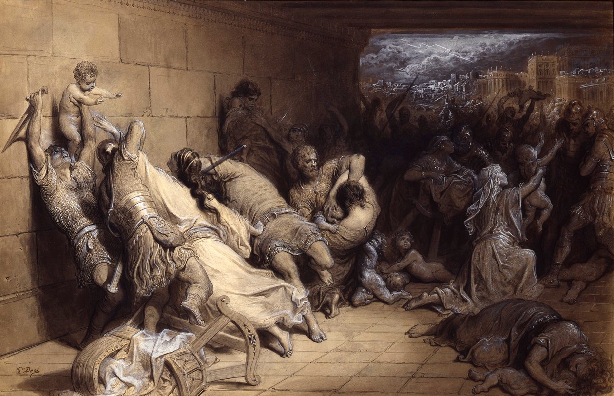 The Massacre of the Innocents, ca 1870 (penna och bläck med tvätt förhöjd med vitt på papper) av Gustave Dore