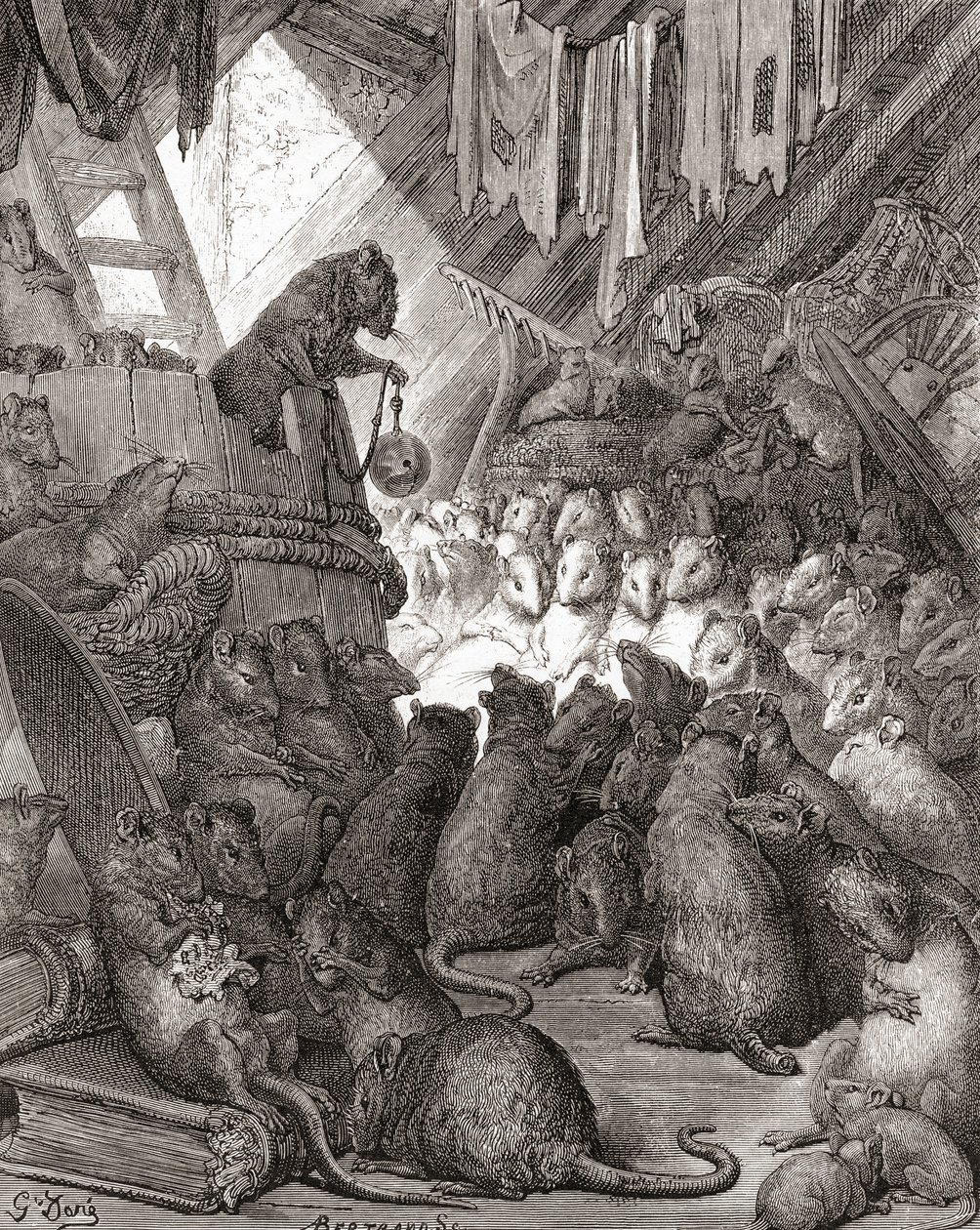 Mössen i rådet, även kända under titlarna "Belling the Cat" och "The Bell and the Cat", från en sena 1800-talsutgåva av "Fables de La Fontaine" (trägravyr) av Gustave Dore