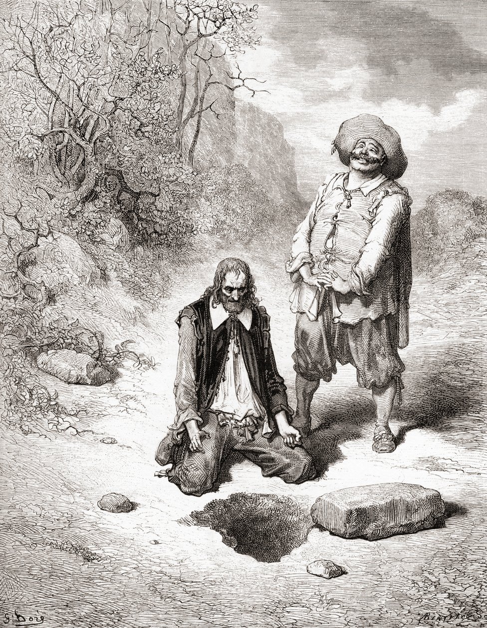 The Miser Who Lost His Treasure, från en utgåva från slutet av 1800-talet av Fables de La Fontaine (trägravyr) av Gustave Dore