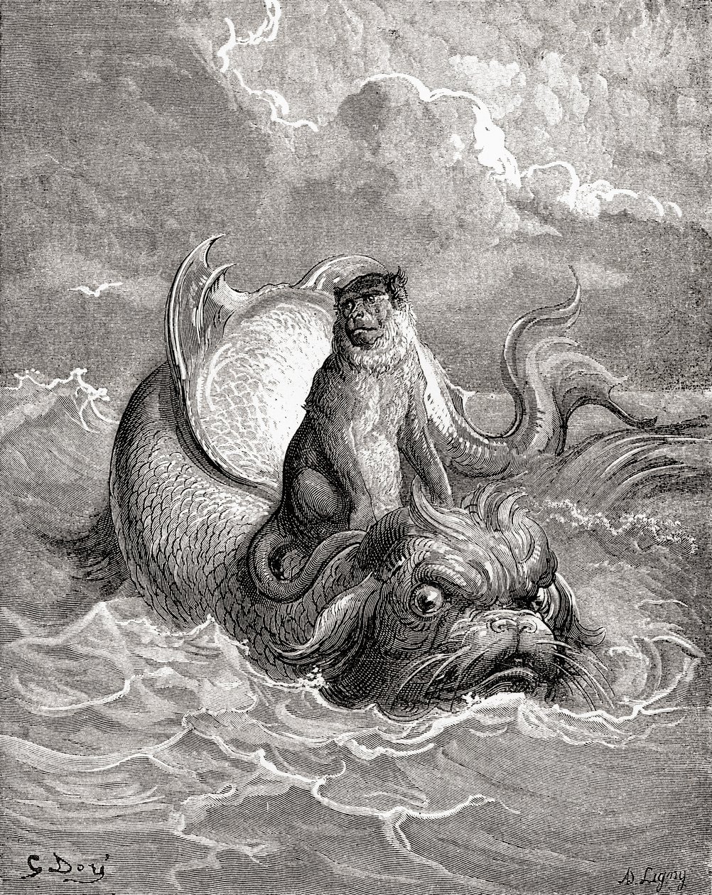 Apan och delfinen efter ett verk av Gustave Dore till en fabel av La Fontaine. Ur Gustave Dores liv och minnen, publicerad 1885. av Gustave Dore