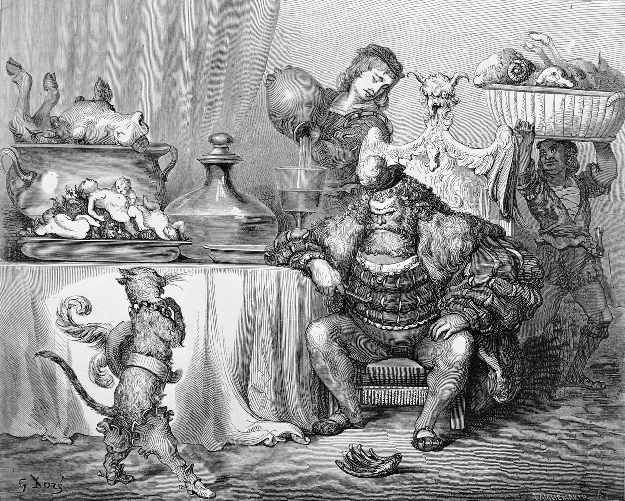 Ogren tar emot katten, illustration för "Puss in Boots" av Charles Perrault (1628-1703) 1883 av Gustave Dore