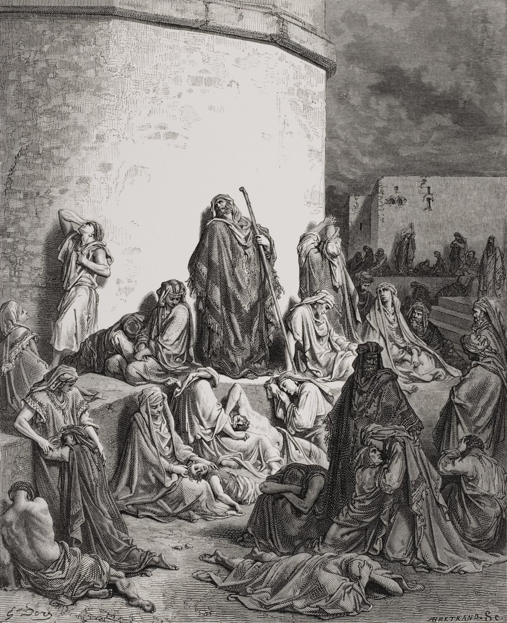 Folket som sörjer över ruinerna av Jerusalem, Klagovisorna 1:1-2 illustration från Dores 
