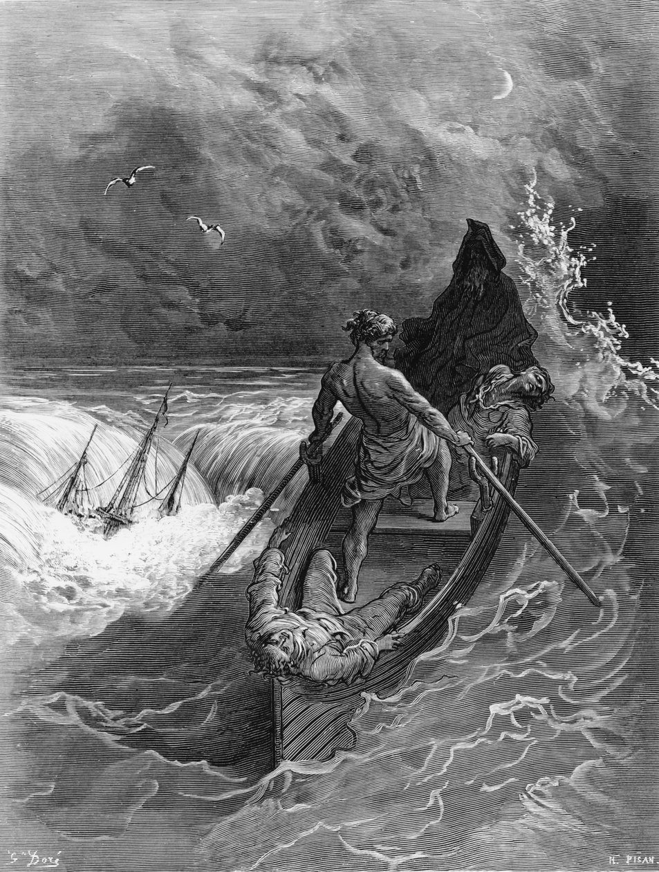 Piloten svimmar, scen från "The Rime of the Ancient Mariner" av S.T. Coleridge, publicerad av Harper und Brothers, New York, 1876 (trägravyr) av Gustave Dore