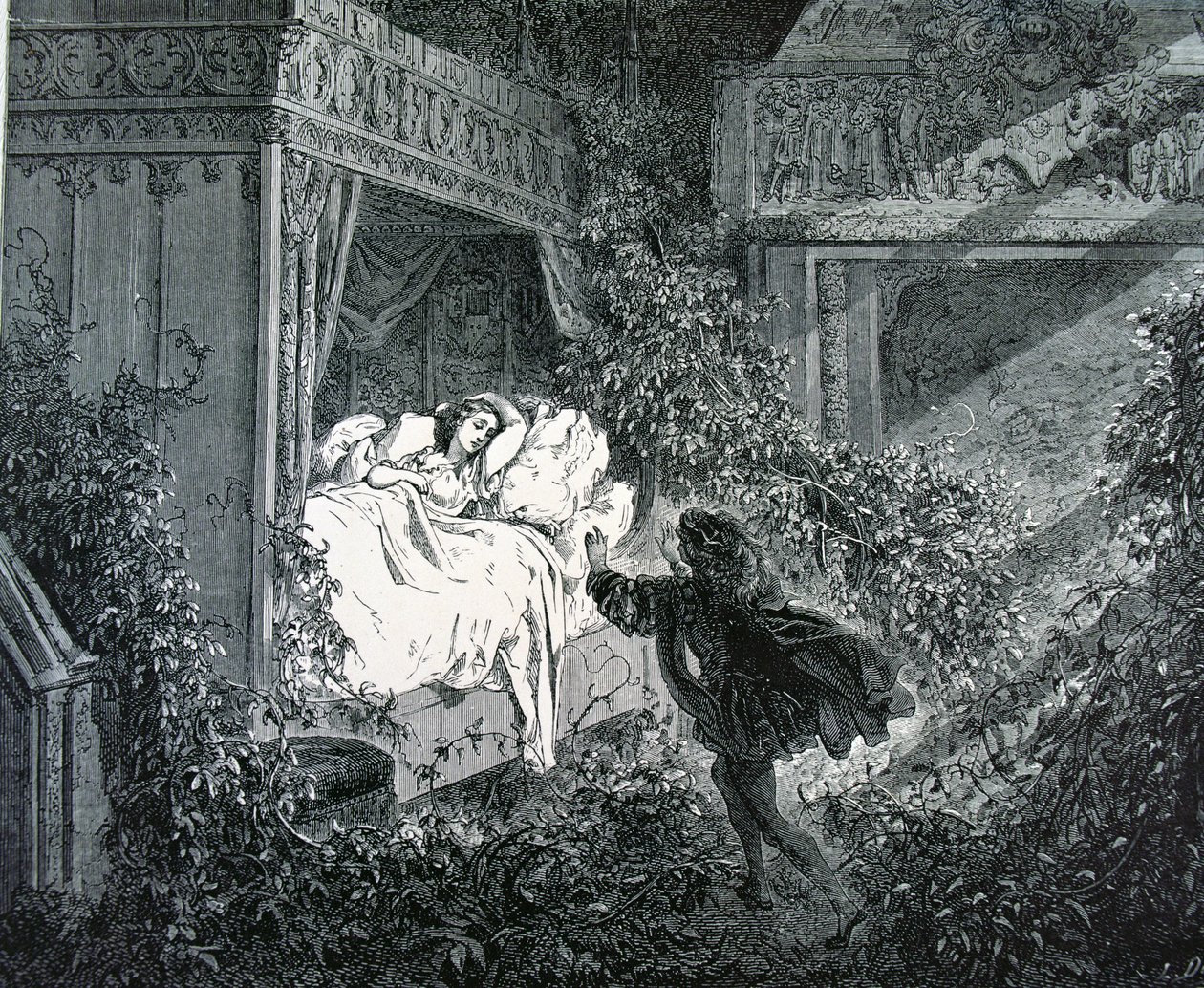 Prinsen kommer in i prinsessans sovrum på det förtrollade slottet, illustration till "Törnrosa" av Charles Perrault (1628-1703) av Gustave Dore