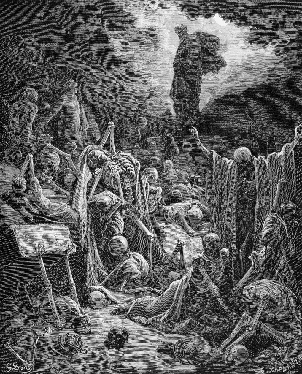 The Vision of the Valley of Dry Bones, Hesekiel 37:1-2, illustration från Dores 