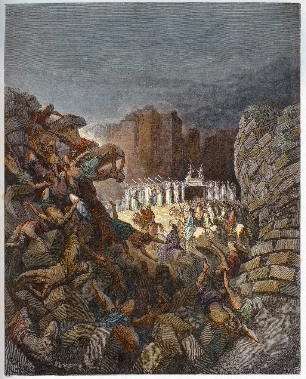 The Walls of Jericho Falling Down - The Fall of the Walls of Jericho - - Gravyr i "" The Bible illustree"" av Gustave Dore (1832-1883) - Gravyr från "" The Dore Bible"" av Gustave Dore