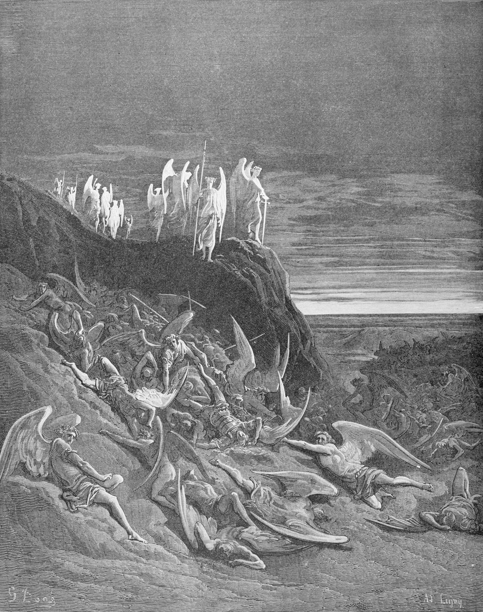 Kriget i himlen, från bok VI av "Paradise Lost" av John Milton (1608-74) graverad av A. Ligny, ca 1868 av Gustave Dore