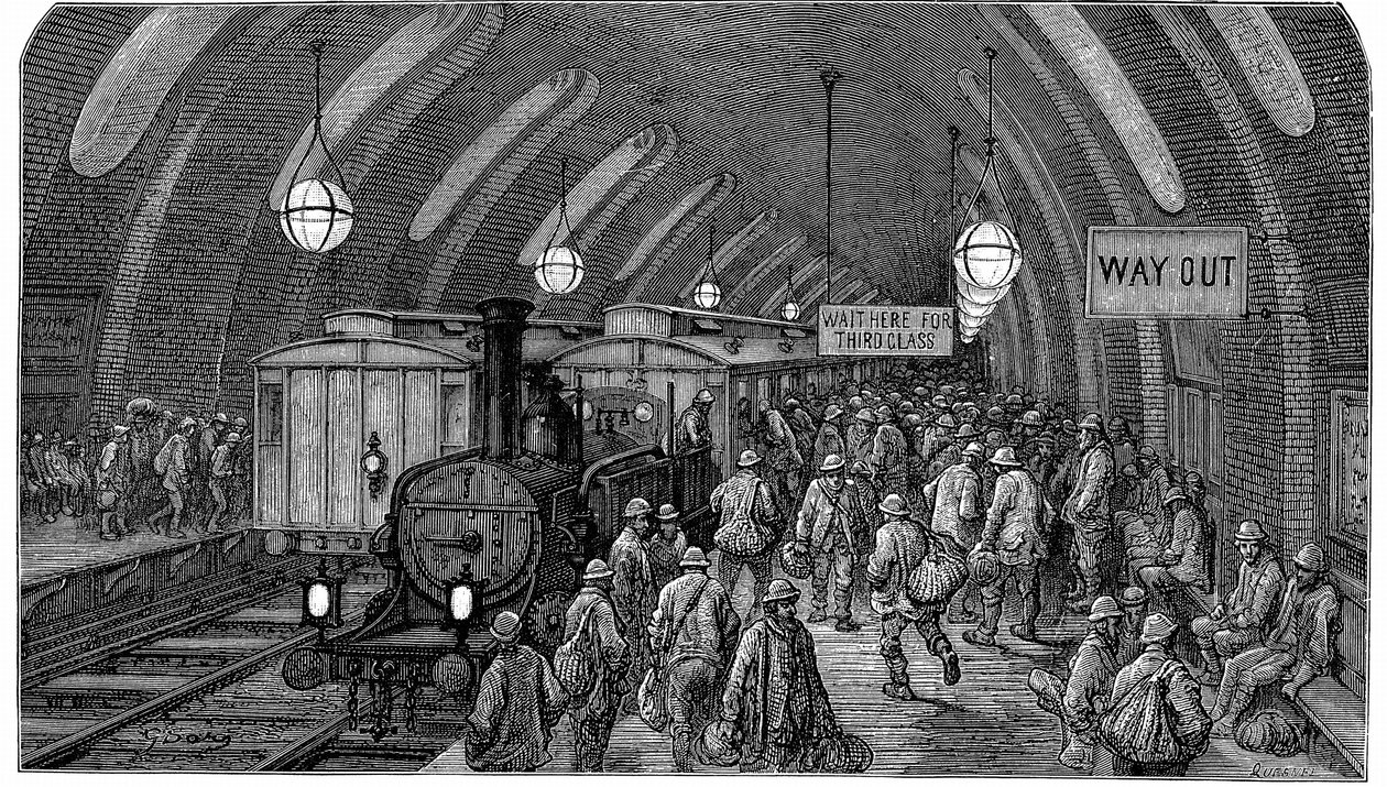 "Arbetarnas tåg". Från Gustave Dore och Blanchard Jerrold London: En pilgrimsfärd till London 1872. Bilden visar ångtåg vid Gower Street station på Metropolitan (tunnelbanan) som öppnade 1863. Arbetare skyndar sig för att hinna med sina morgontåg av Gustave Dore