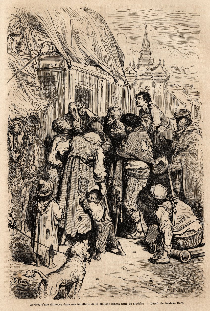Ankomsten av diligence till ett hotell i Santa Cruz de modela (Mancha-provinsen), överfallen av tiggare som efterlyser almone. Teckning av Gustave Dore (1832-1883). Gravyr för att illustrera resan i Spanien, 1862 av Charles Davillier och Gustave Dore, i av Gustave Dore