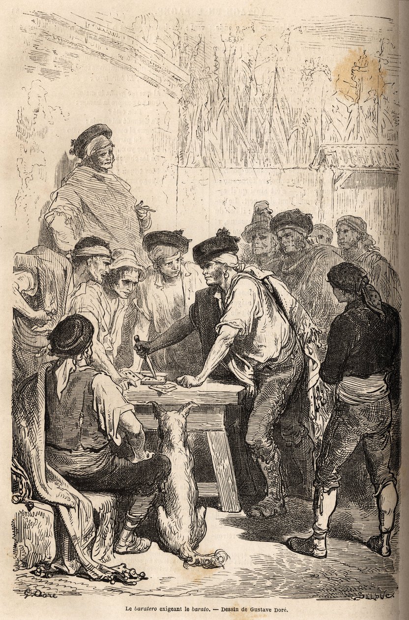 Den baratero vapen av navaja, kräver barato, hyllning som han arrogerar på mängden hemliga spel. Teckning av Gustave Dore (1832-1883), för att illustrera hans resa till Spanien 1862, med Ch. Davillier. Gravyr i "" Le tour du monde", utg av Gustave Dore