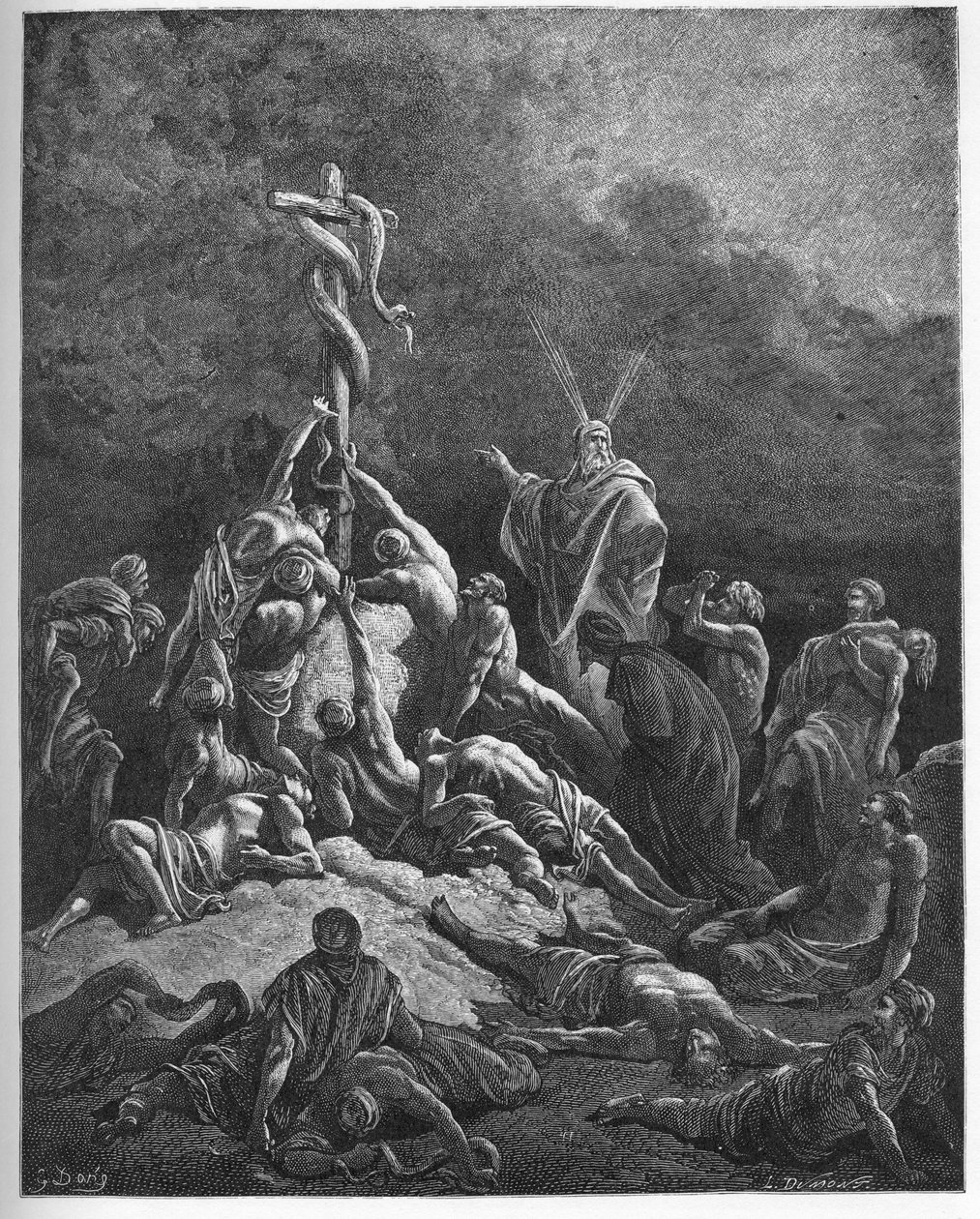 The brazen snake - "" The brazen snake"" - Andra Moseboken (nahash), förvandlingen av Mose käpp till en orm - Moses och den brazen ormen - - gravyr i "" Bibeln illustree"" av Gustave Dore ( 1832-1883) - Gravyr från "" The Dore Bi av Gustave Dore