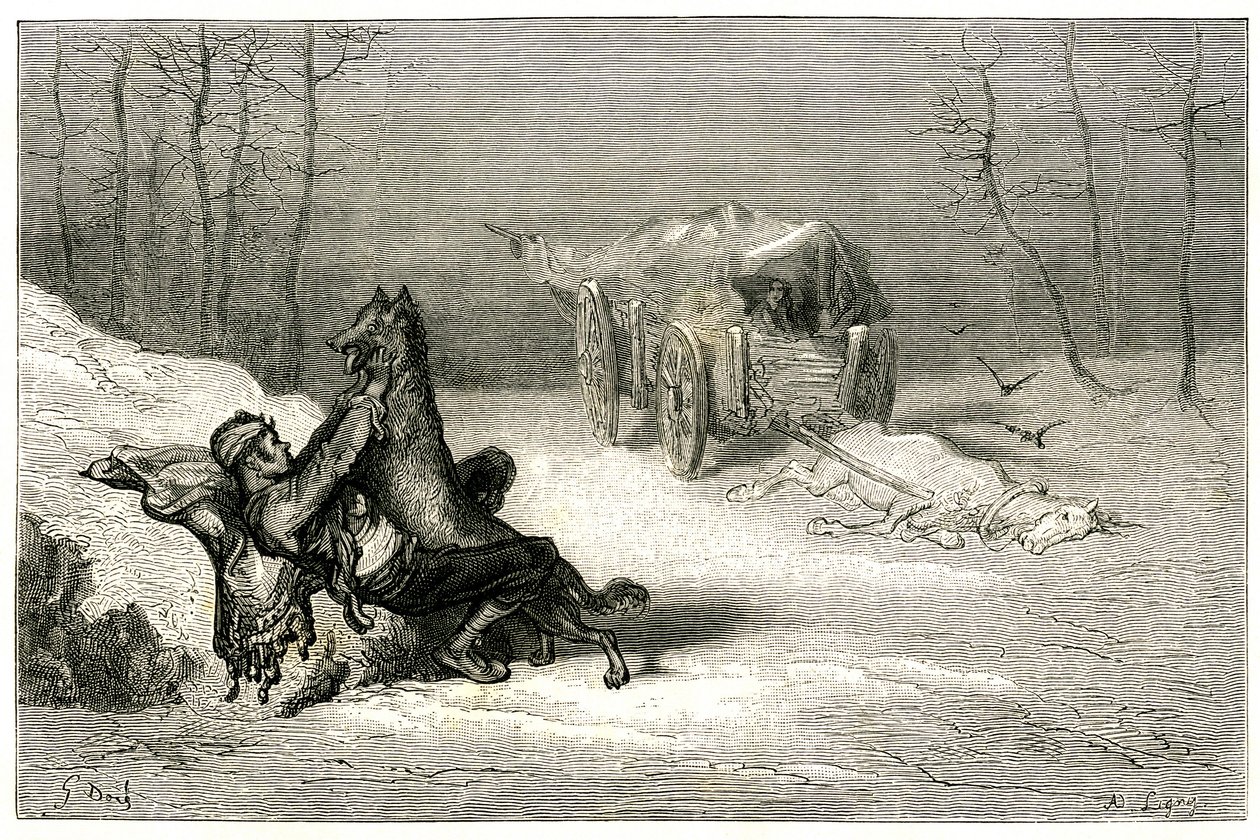 Brigadören Agostin attackeras av en varg, nära den döda hästen som fortfarande nås i vagnen överger komikerna eller gömmer den lilla Chiquita. Gravyr av Gustave Dore som illustrerar Theophile Gautiers roman "Le capitaine Fracasse", edition Charpentier 1863 av Gustave Dore