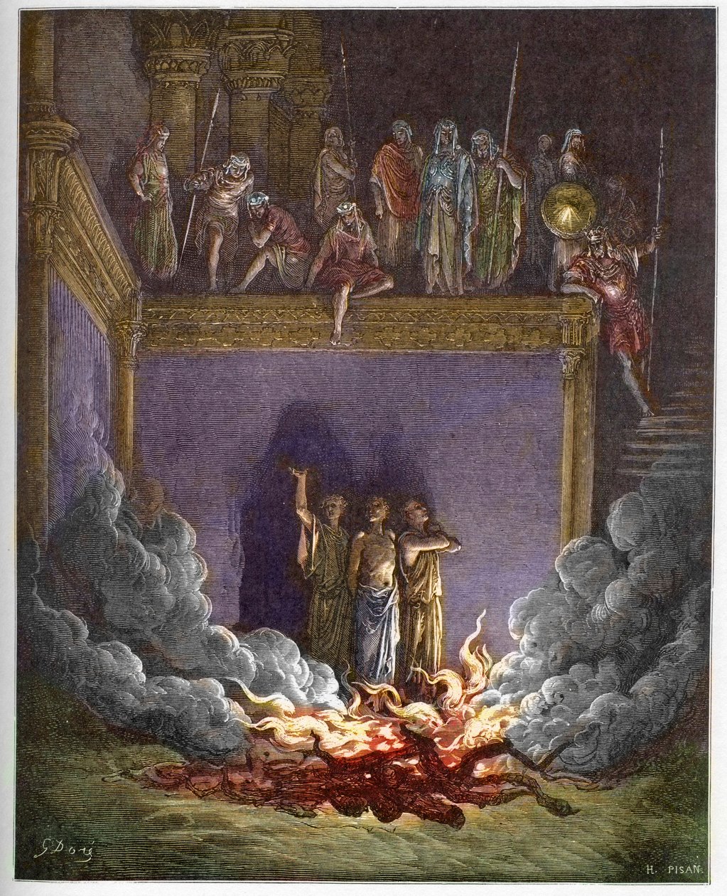 Den brinnande ugnen (Babylons tre barn, de tre unga hebréerna eller de tre unga männen) Ananias, Azarias och Misael fäller ut i en brinnande ugn eftersom de vägrar att böja sig inför statyn av kungen av Babylon - De tre unga männen i av Gustave Dore