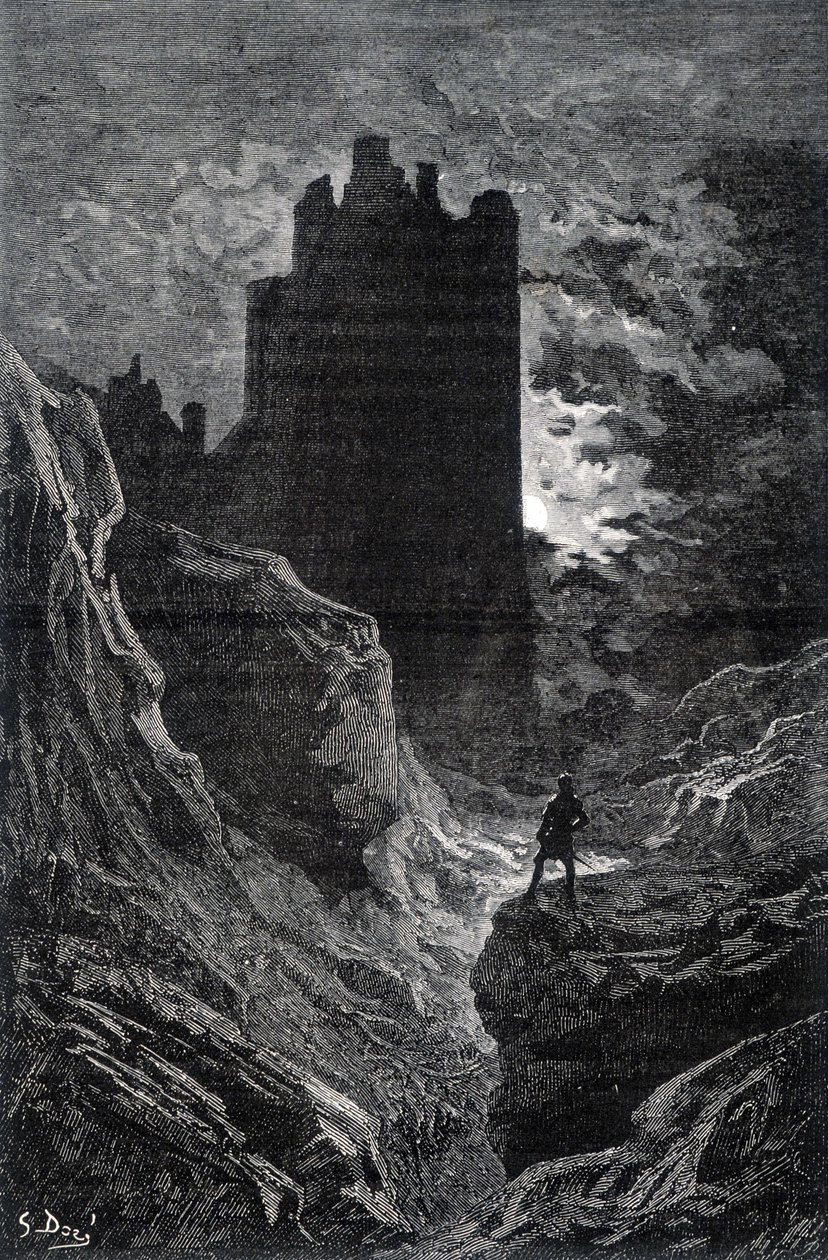 Rädslans slott - illustration av rädsla av Gustave Doré, gravyr av Gustave Dore