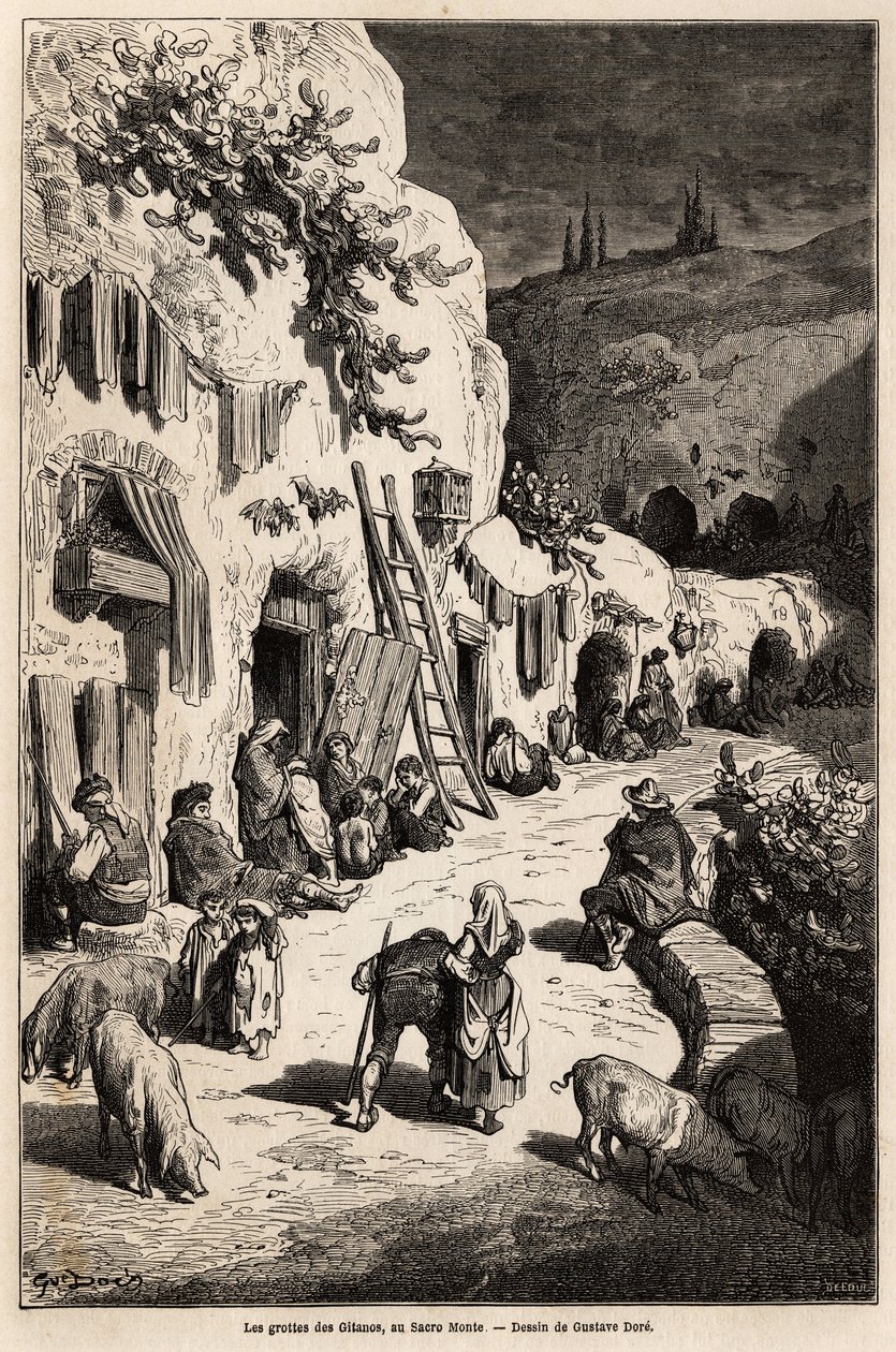 Grottorna (underjordiska hus) av zigenare, i Sacro Monte, i Granada. Teckning av Gustave Dore (1832-1883), för att illustrera hans resa till Spanien 1862, åtföljd av Ch.Davillier. Gravyr i "" Le tour du monde"", redigerad av Edouard Charton av Gustave Dore