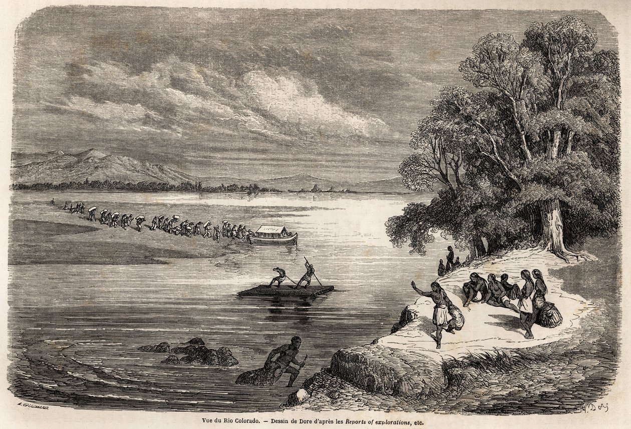 Korsningen av Coloradofloden med flotte, åtföljd av några Mohaves-indianer, teckning av Gustave Dore (1832-1883), för att illustrera Mississippis resa till Stilla havet 1853-54 av Baudouin Mollhausen (1825-1905). Gravyr i "" Le tour du av Gustave Dore