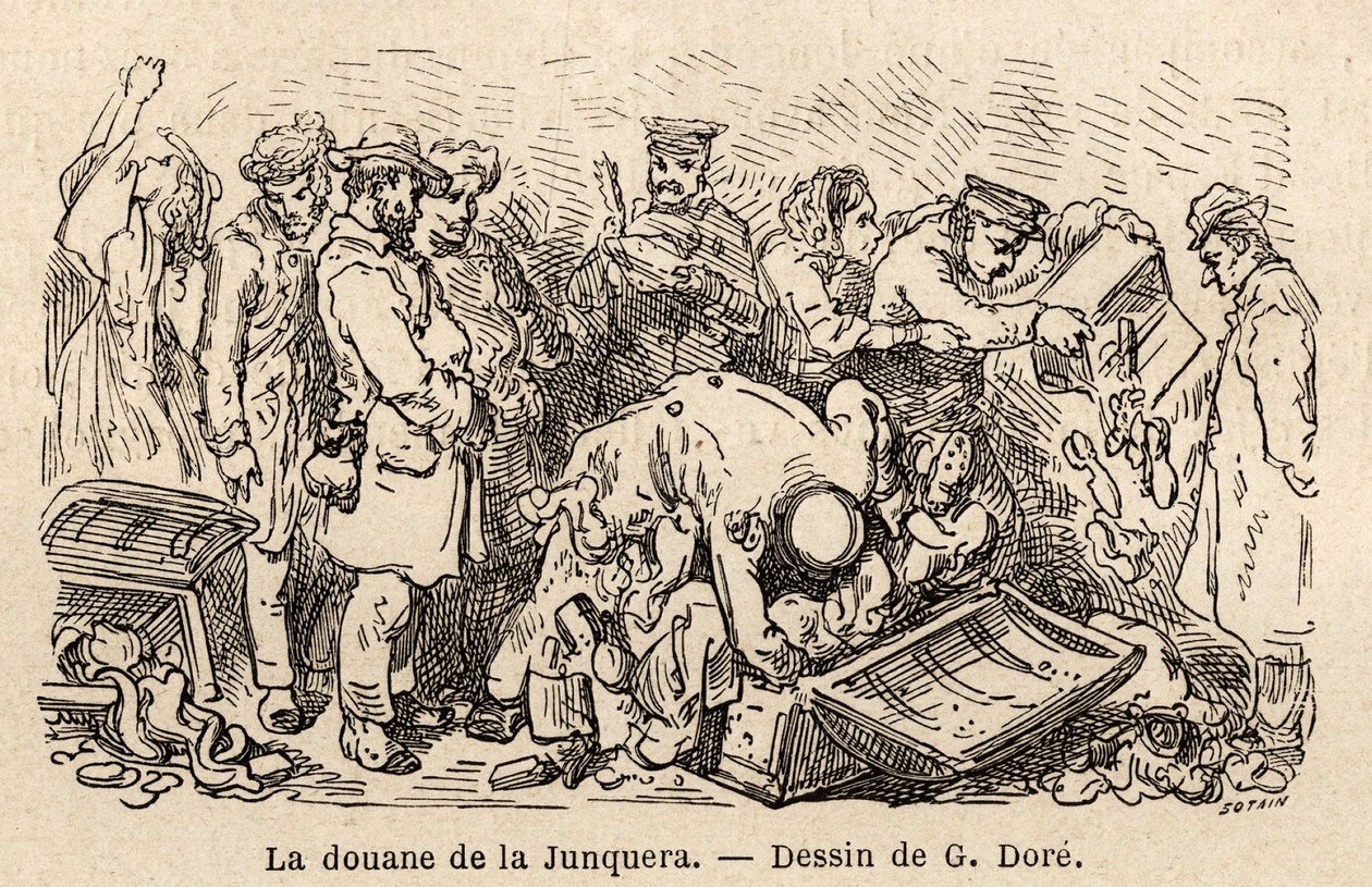 Sederna i junquera (stad belägen mellan Katalonien och provinsen Gerona), teckning av Gustave Dore (1832-1883), för att illustrera hans resa till Spanien, med C. Davillier, 1862. Gravyr i "" Le tour du monde "", redigerad av Edouard Charton av Gustave Dore