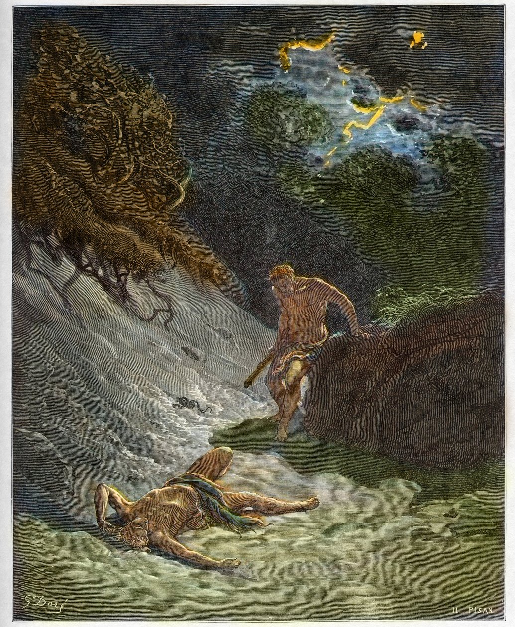 Abels död - Mordet på Abel av Kain - gravyr i "The Bible illustree" av Gustave Dore (1832-1883) - Gravyr från "" The Dore Bible"" av Gustave Dore