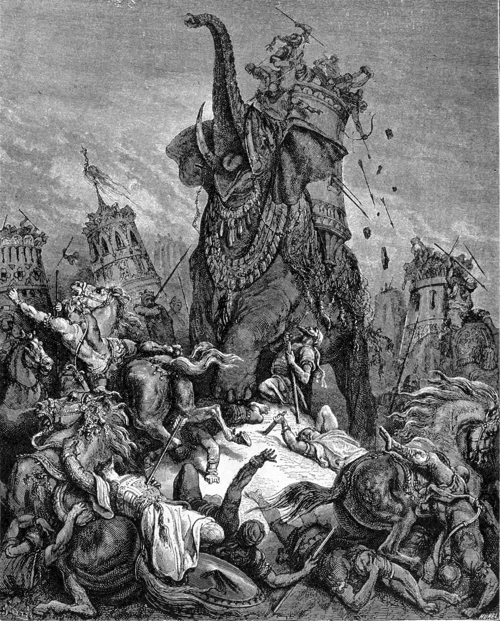 Döden av Eleazar Macchabee (Maccabee eller Macabee), ung bror till Judas Maccabee, under Antiochos IV Epiphane (175-164 f.Kr.). Han är krossad av en elefant. "Bibeln" illustrerad av Gustave Dore. Gravyr av 1800-talet. av Gustave Dore
