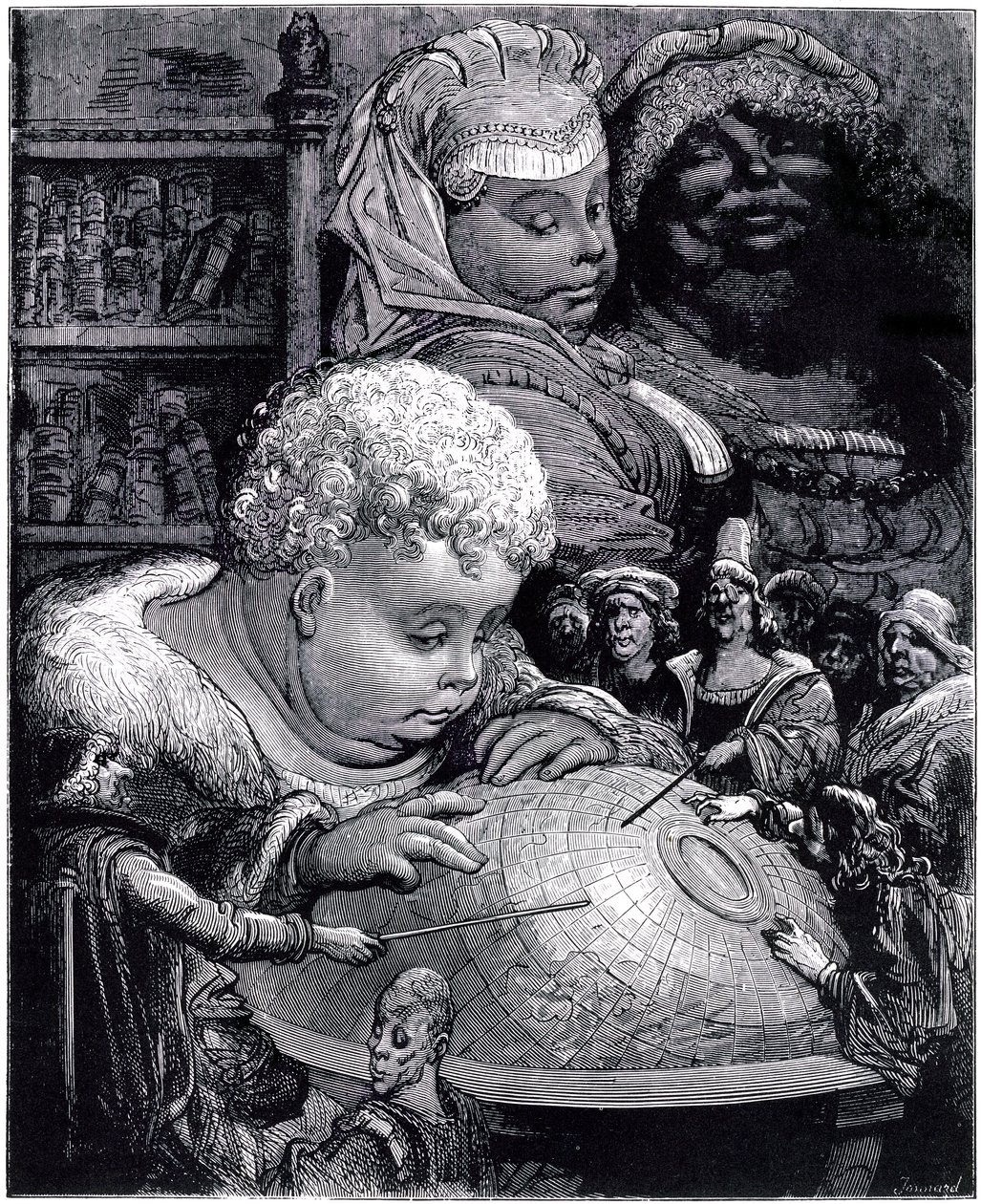 Utbildningen av Gargantua: jätten, barnet, studerar en jordglob med sina lärare, under sina föräldrars ögon av Gustave Dore