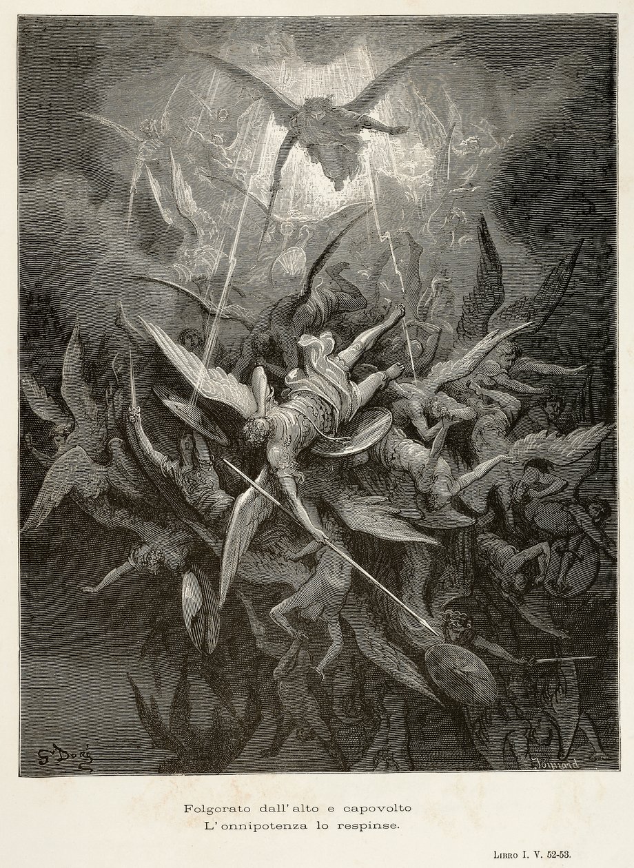 Änglarnas fall, scen från Paradise Lost av John Milton (1608-1674), illustration av Gustave Dore