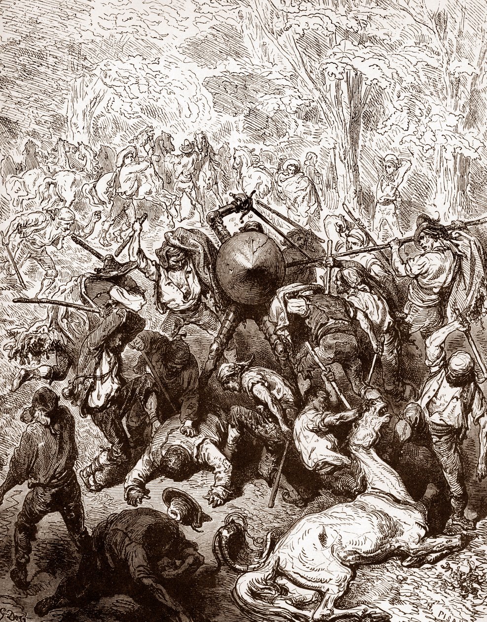 Kampen mot muleteers av Yanguas Gravyr av Gustave Dore (1832-1883) för "The Ingenieux Hidalgo Don Quixotte de la Manche (Quixotte - Quijote)" av Miguel de Cervantes (1547-1616) 1863 Privat samling av Gustave Dore