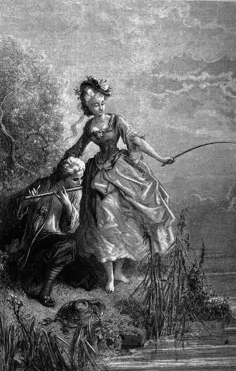 Fisken och herden som spelar flöjt. Ljudet av flöjten fungerar som bete. Fabler av Jean de La Fontaine (1621-1695). Illustration av Gustave Dore. av Gustave Dore