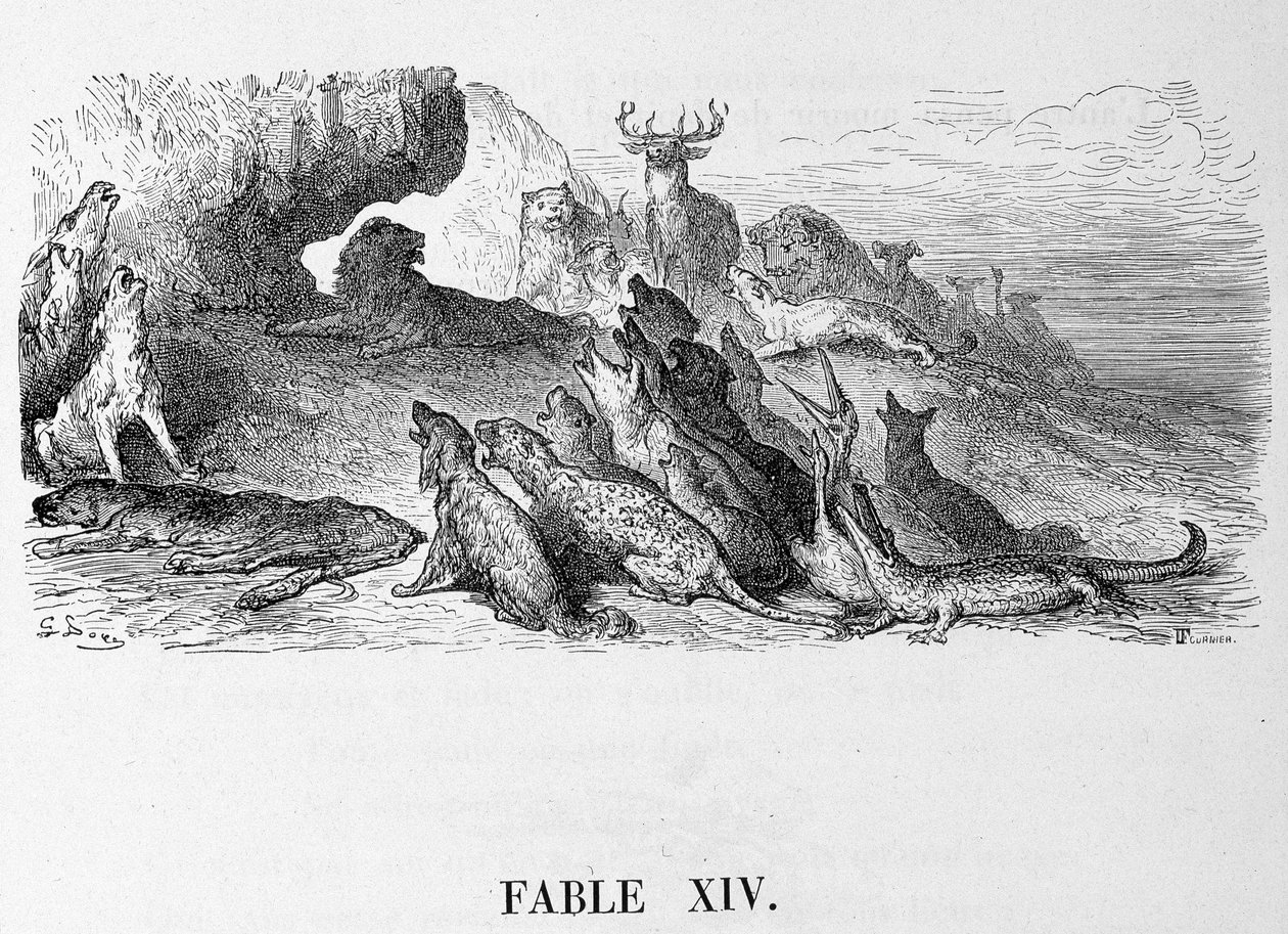 Lejoninnans begravning - i "" Fables"" de La Fontaine, ill. av Doré av Gustave Dore