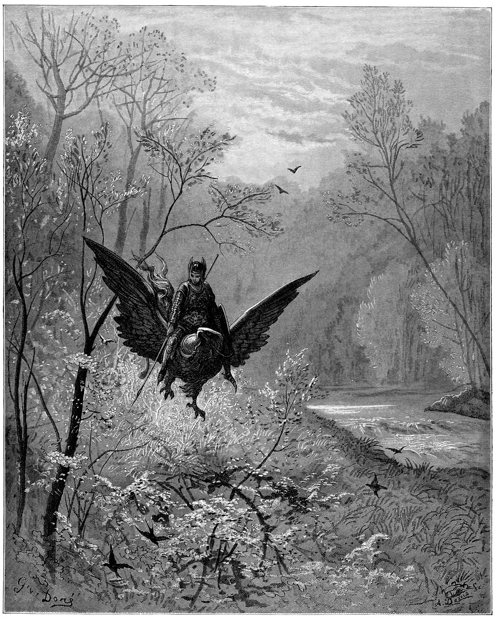 Hippogriffen, som klättras av riddaren Ruggiero (Roger, Ruggero), anländer till en skrattande region - Gravyr av Gustave Dore som illustrerar "Den rasande Roland" av Ludovico Ariosto (1474-1533) dit l