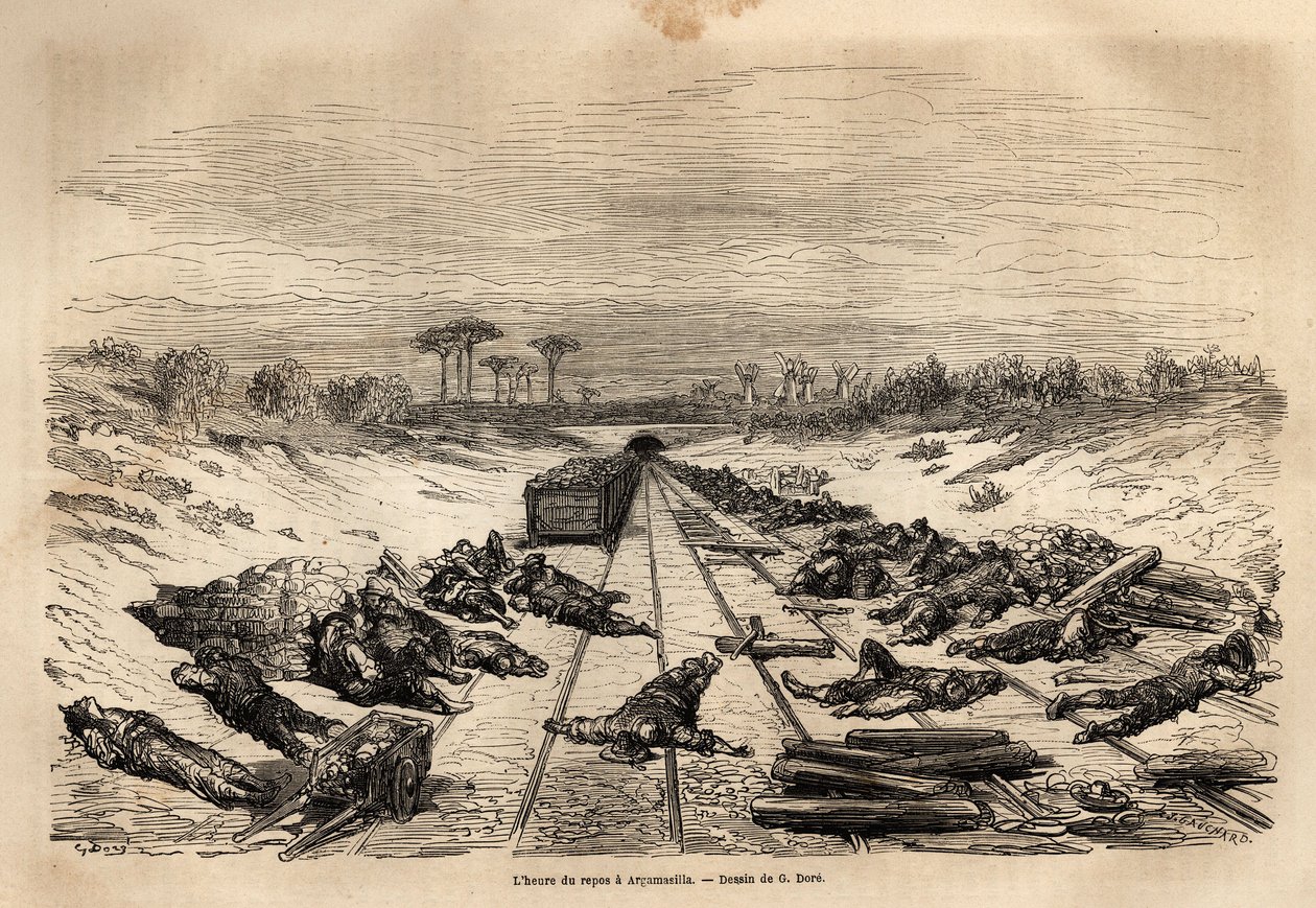 Vilotimman i Argamasilla, de många järnvägsarbetarna som ligger på banan, vilar i full sol. Gravyr för att illustrera resan till Spanien av Gustave Dore (1832-1883) illustratör och baron Ch. Davillier reaktor, 1862, publicerad i "Le tour du monde, nr av Gustave Dore
