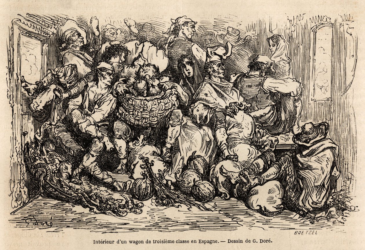 Interiören av en tredje klass vagn i Spanien, teckning av Gustave Dore (1832-1883), för att illustrera hans resa till Spanien, med C. Davillier, 1862. Gravyr i "" Le tour du monde "", redigerad av Edouard Charton av Gustave Dore