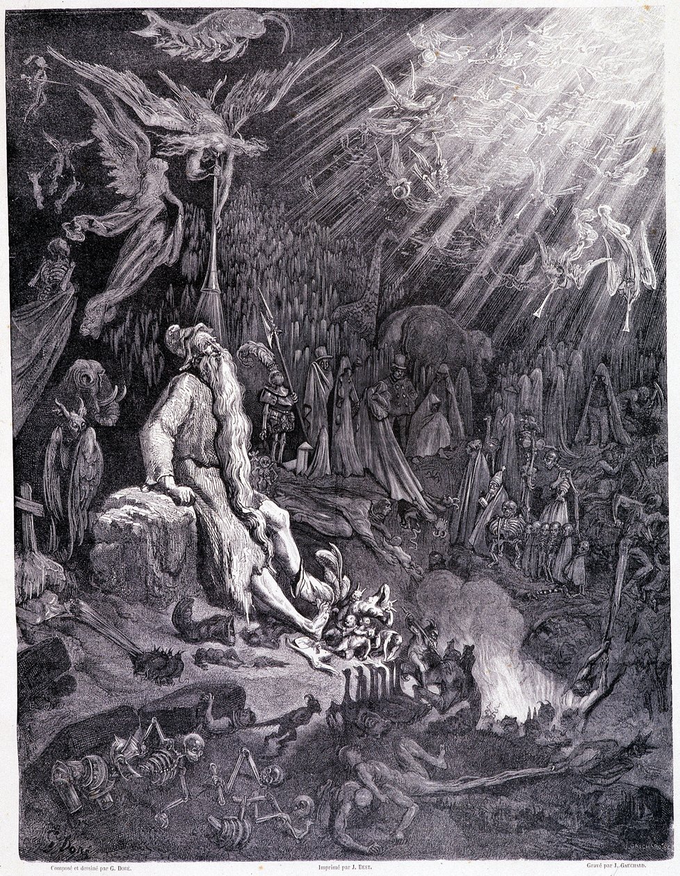 Den sista domen kommer att göra slut på din plåga... Tavla XII - Illustration av Gustave Dore (1832-1883), för La legende du jeif wandering av Pierre Dupont, upplaga Librairie du magasin picturesque, Paris 1862 av Gustave Dore