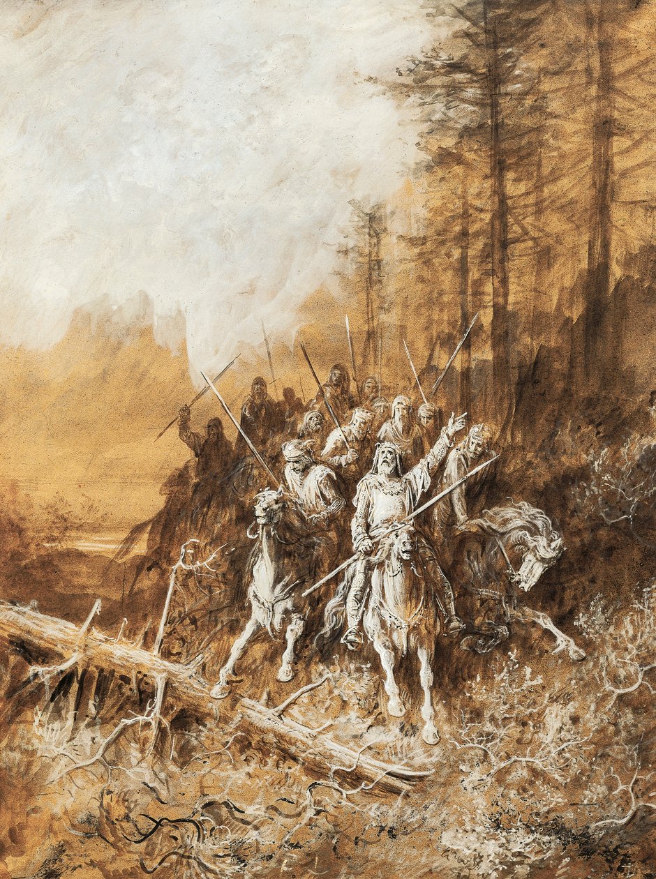 Riddarmarschen, illustration till serier av dikter, Idylls of King av Albert Tennyson (1809-1892), akvarell av Gustave Dore