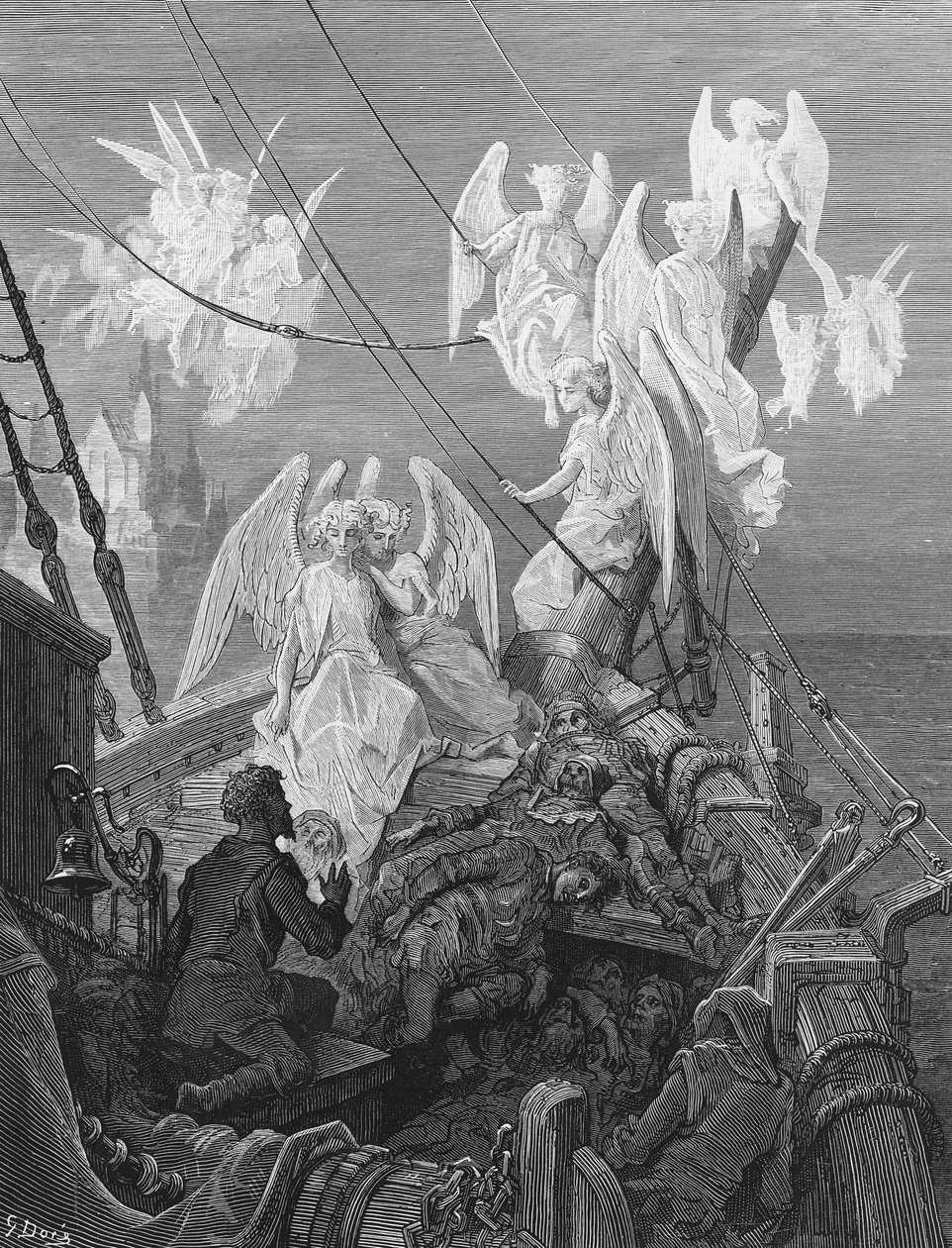 Sjömannen ser bandet av änglaandar, scen från "The Rime of the Ancient Mariner" av S.T. Coleridge, publicerad av Harper und Brothers, New York, 1876 (trägravyr) av Gustave Dore