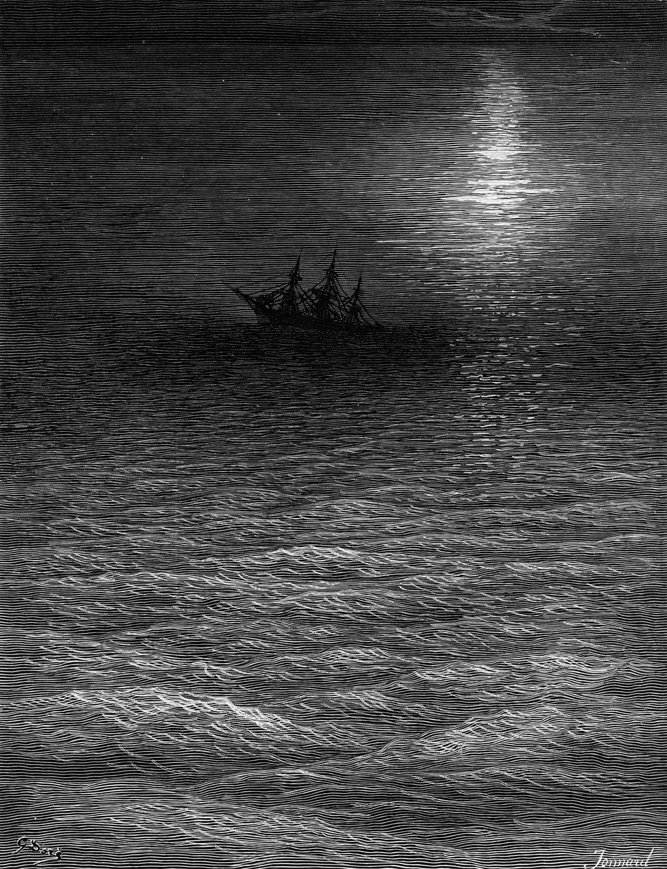 Det strandsatta skeppet i ett månbelyst hav, scen från "The Rime of the Ancient Mariner" av S.T. Coleridge, publicerad av Harper und Brothers, New York, 1876 (wwod gravyr) av Gustave Dore
