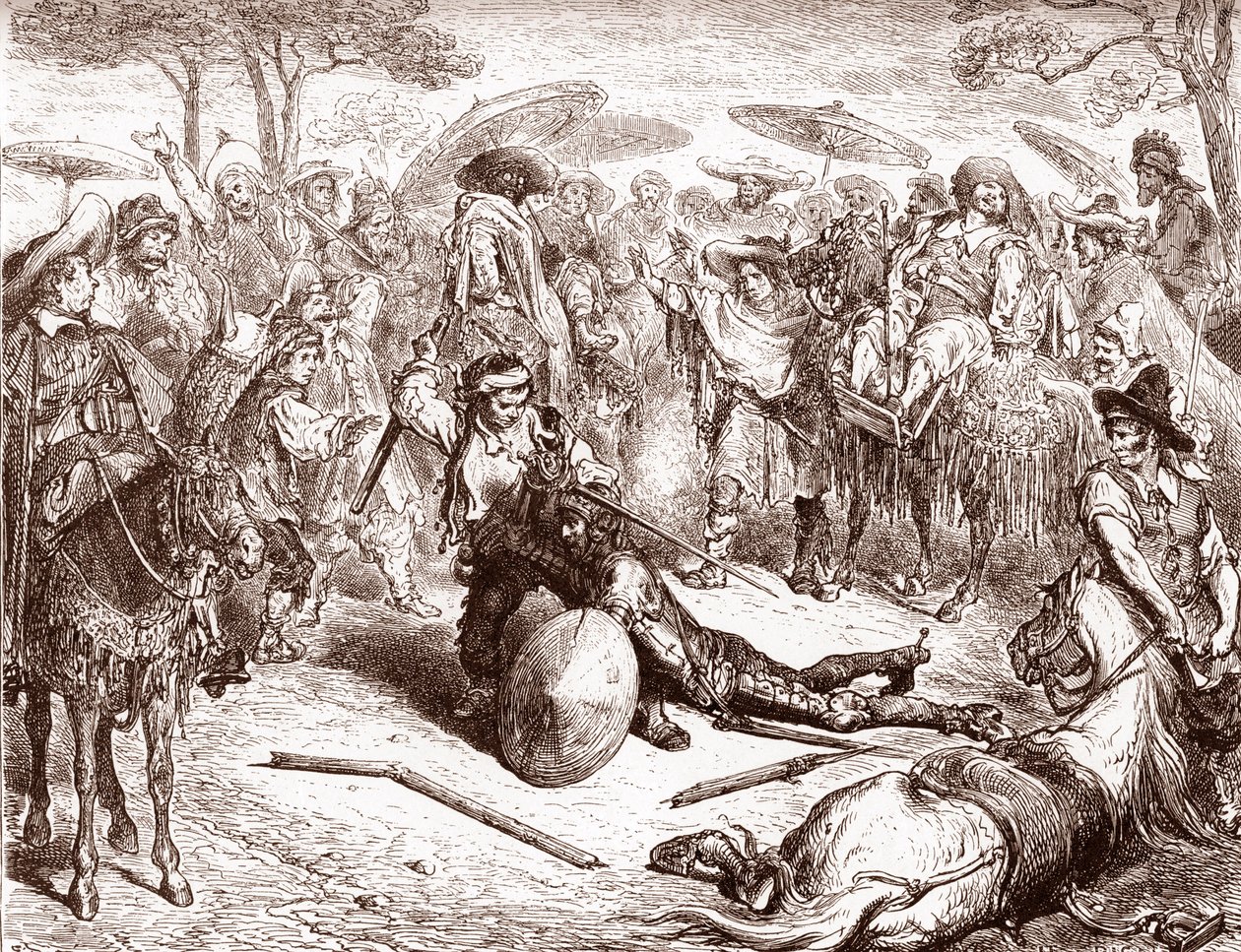 Köpmännen i Toledo ser på när en av deras mulförare slår Don Quijote Gravyr av Gustave Dore (1832-1883) för "The Ingenieux Hidalgo Don Quixote Quijote" av Miguel de Cervantes (1547-1616)) 1863 Privat samling av Gustave Dore