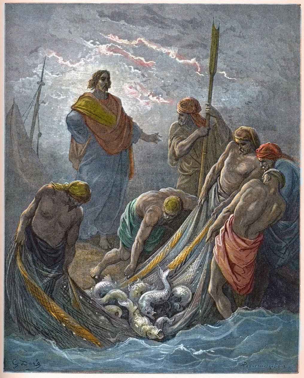 Det mirakulösa draget av fiskar - Mirakulöst fiske - - Gravyr i "The Bible illustree" av Gustave Dore (1832-1883) - Gravyr från "" The Dore Bible"" av Gustave Dore